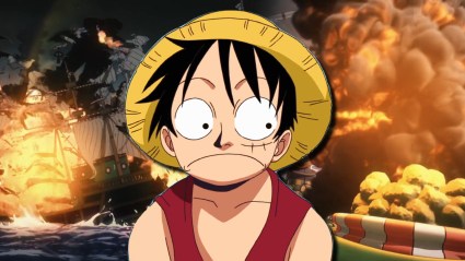 Luffy side eye with egghead cgi explosions in the background 2