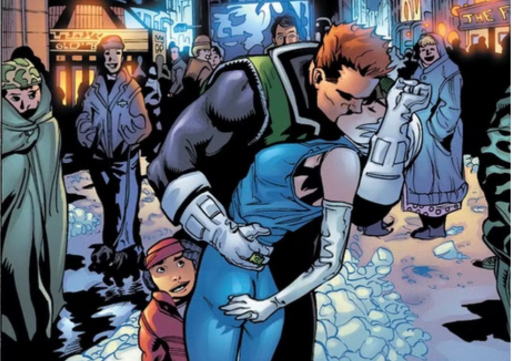 Guy Gardner killing Ice in the street surrounded by people