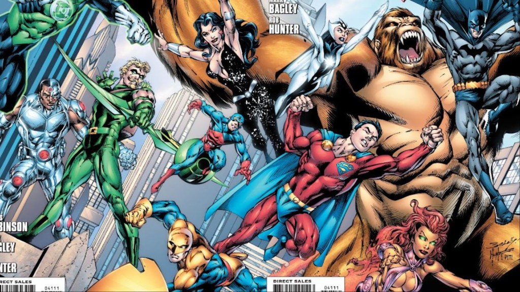 Batman, Congorilla Mon-El, Donna Troy, Starfire, Green Arrow, the Atom, and Cyborg together as the Justice League