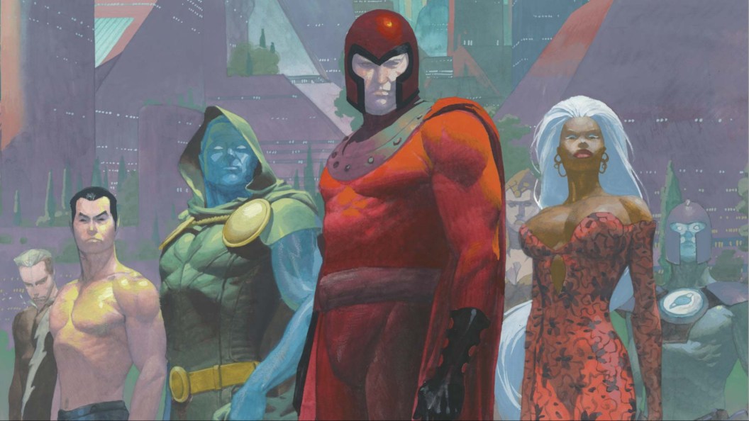 Magneto standing with Quicksilver, Namor, Doctor Doom, Family, and a Kree soldier in Genosha
