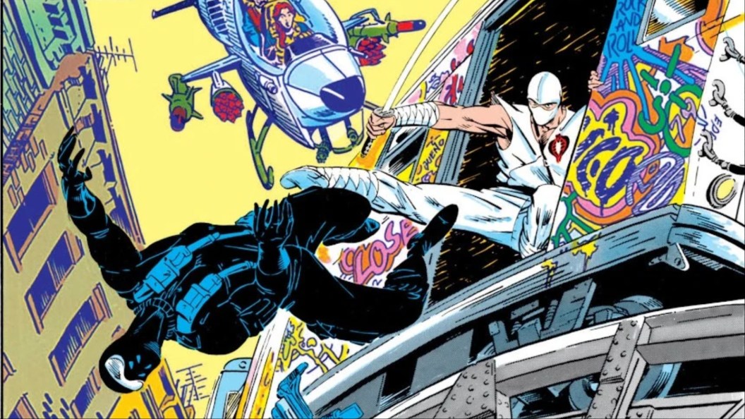 Storm Shadow kicking Snake Eyes out of an elevated train while Scarlet files overhead in a chopper