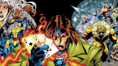 Gambit holding up his cards in front of the X-Men and the Marauders
