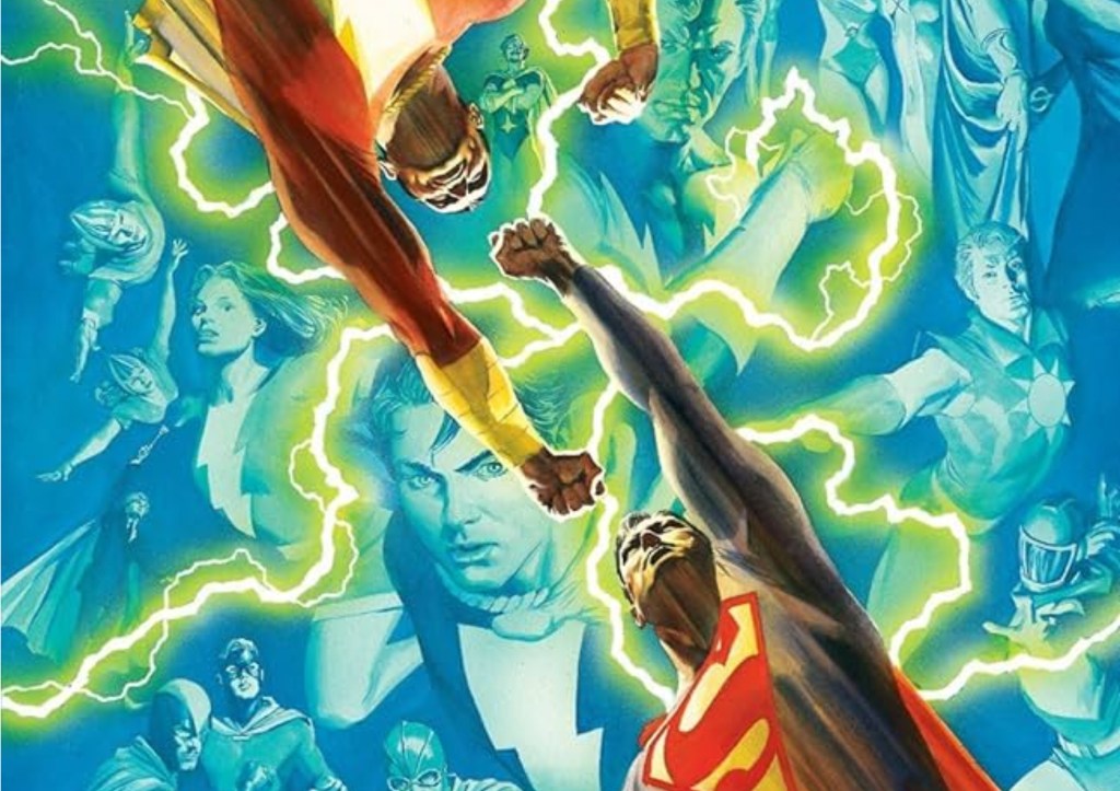 Superman and Shazam flying at each other with lightning around them and heroes behind them watching