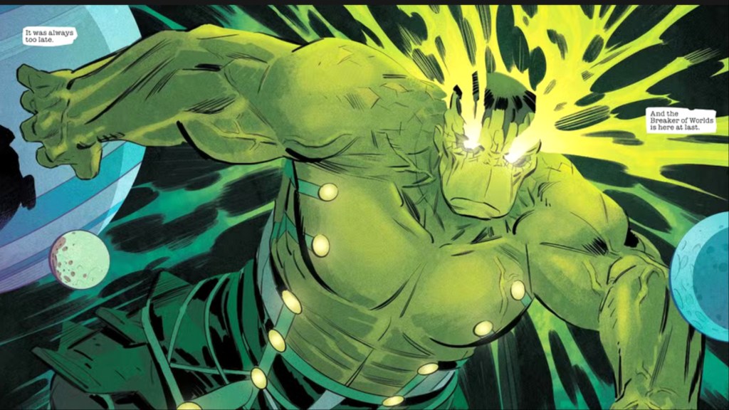 The Hulk ast the Breaker of Worlds - a planet sized giant, his eyes glowing gamma green