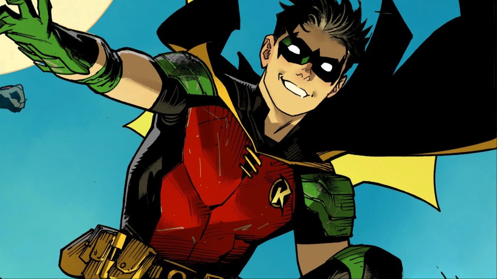 Tim Drake as Robin with a big smile on his face