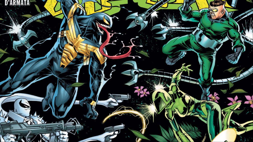 Venom and Agent Anti-Venom battle Doctor Octopus and a SCAR guard