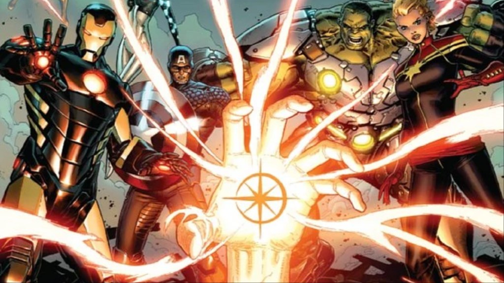 Iron Man, Captain America, Hulk, and Captain Marvel watching the dawn of the Starbrand