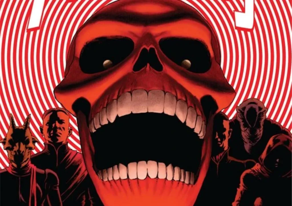 The Red Skull's head with rings of concentric mental energy coming from it with his S-Men behind him