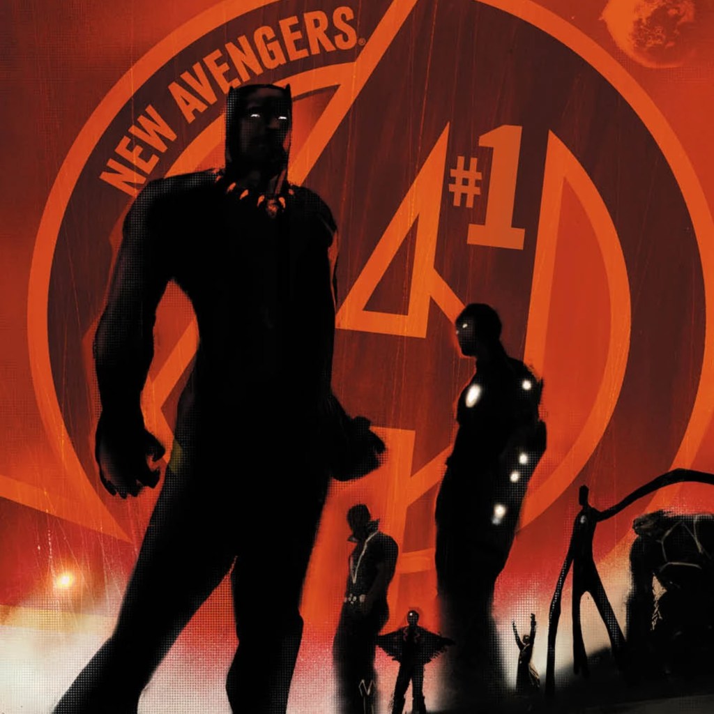 Black Panther, Namor, Black Bolt, Iron Man, Mister Fantastic, and Beast standing together in shadow