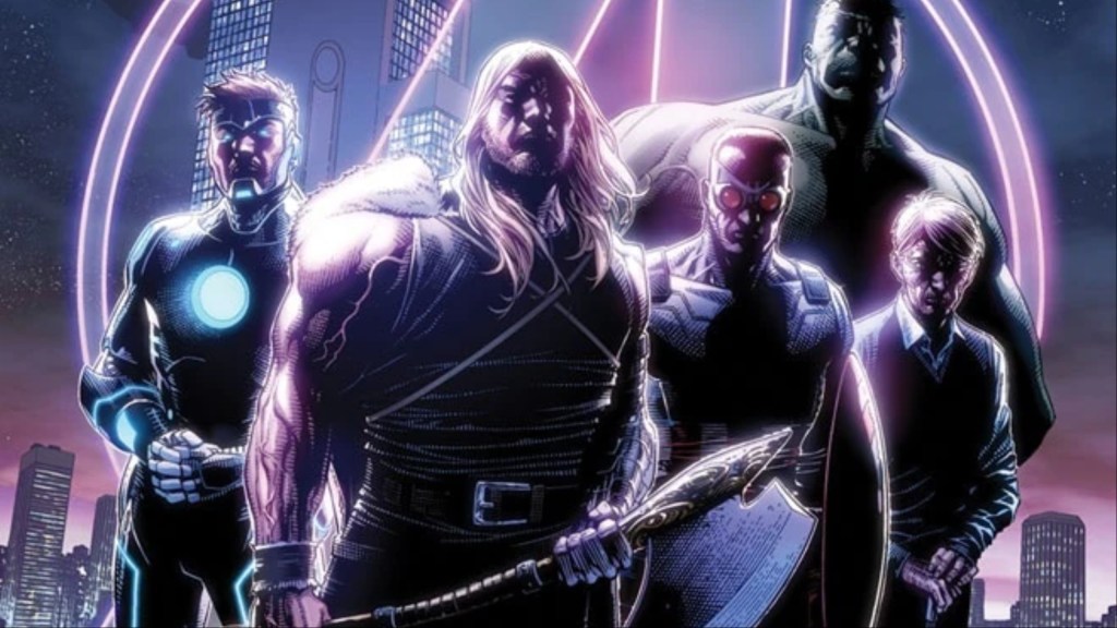 Superior Iron, Thor Odinson, Falcon Cap, Hulk, and Steve Rogers standing together in shadow