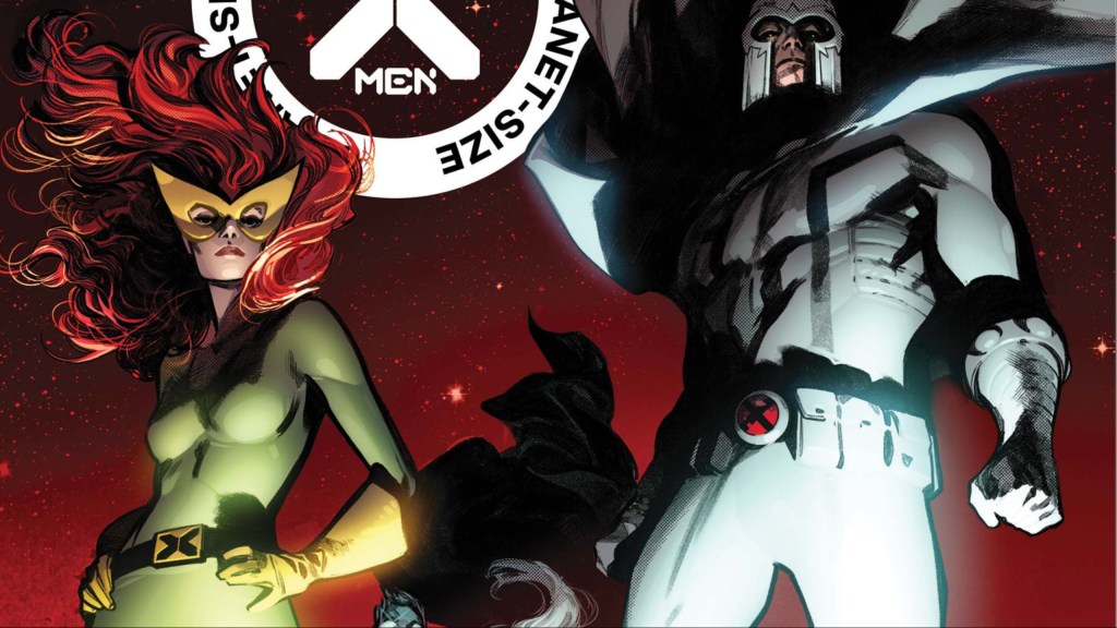 Jean Grey and Magneto standing together under a red and black sky