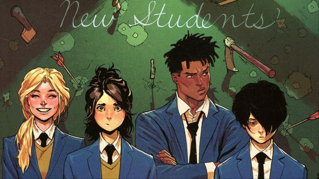 Calico, Jitter, Ransom, and Deathdream standing in front of a chalkboard that says new students and is full of arrows and knives