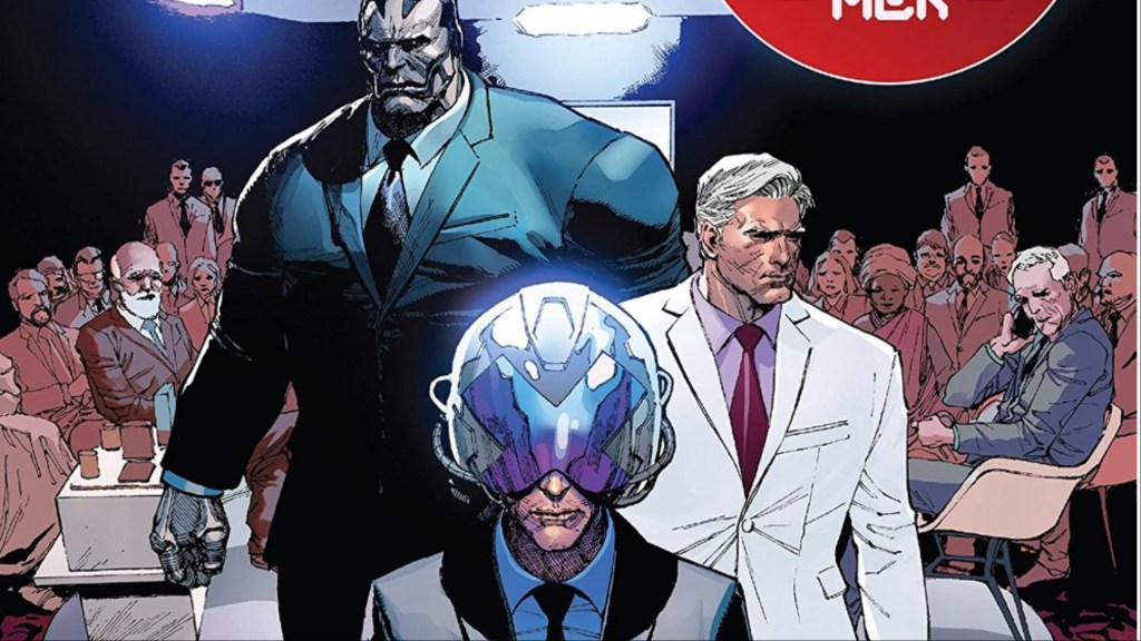 Xavier, Magneto, and Apocalypse walking away from a room of world leaders