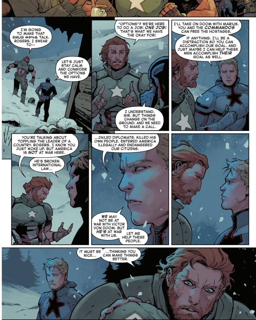 Steve Rogers and David Colton discussing the situation in Latveria