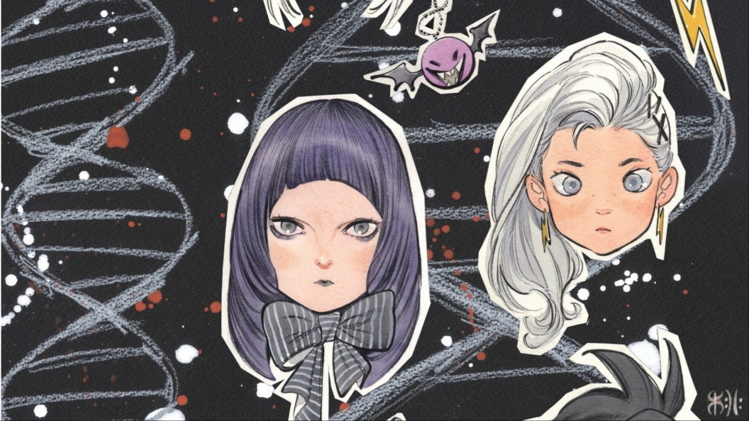 Nico Minoru and Maystorm's heads with double helix DNA strands behind them