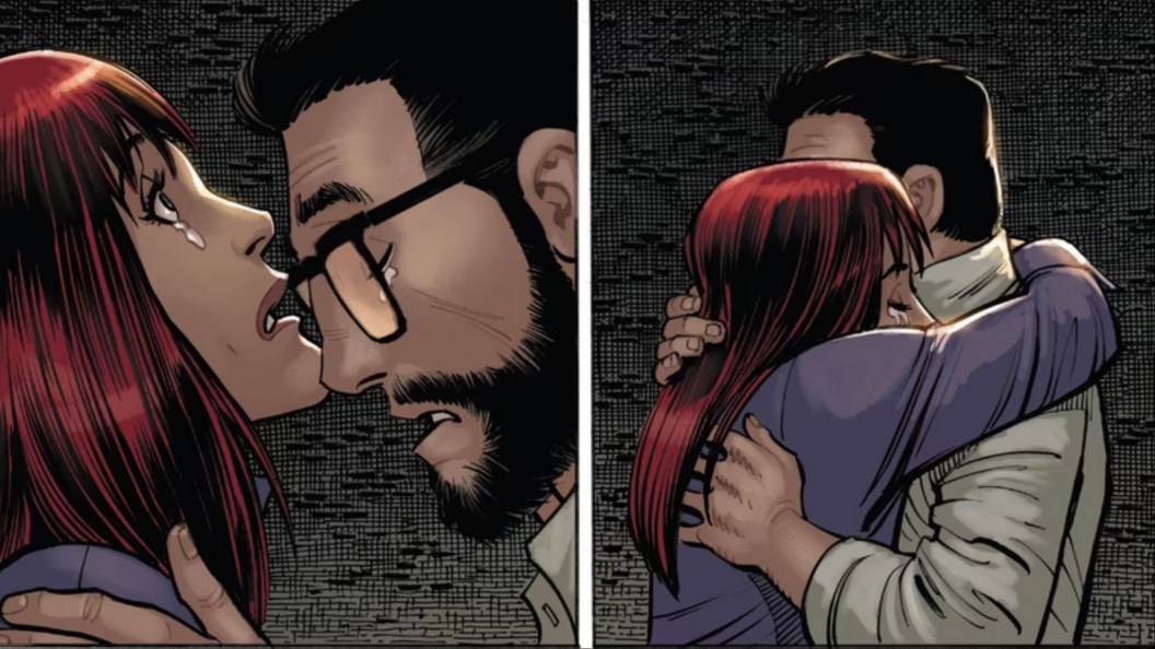 Two panels, one with sad Mary Jane and Paul, and the other with them hugging
