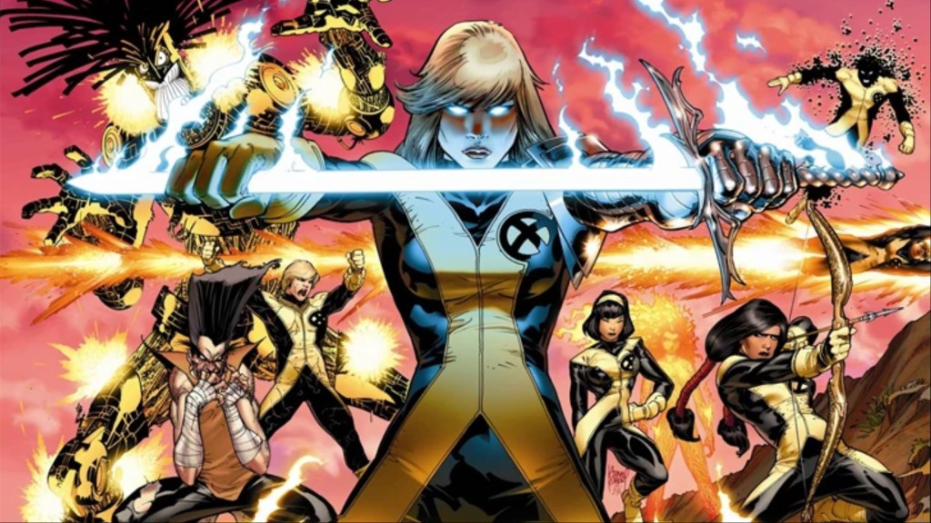 Warlock, Legion, Doug Ramsey, Magik, Dani Moonstar, Karma, Magma, Cannonball, and Sunspot posing together