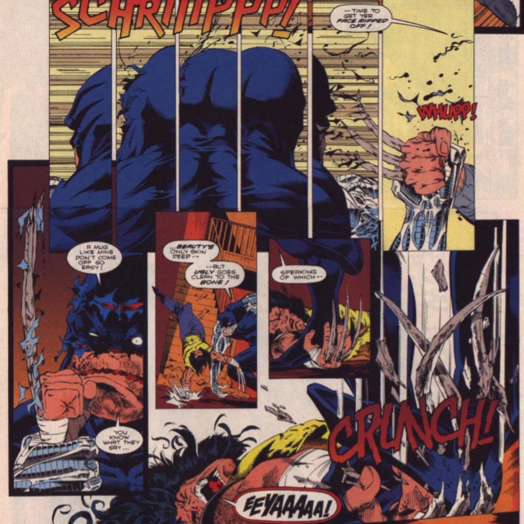 Wolverine slashes Cyber's face, before Cyber breaks his bone claws