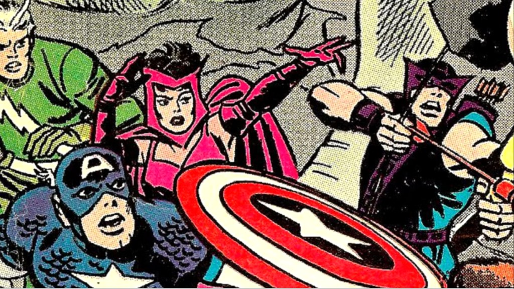 Captain America leading Hawkeye, Scarlet Witch, and Quicksilver into battle