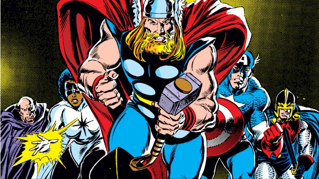 Doctor Druid, Captain Marvel II, Thor, Captain America, and Black Knight striding together in a V