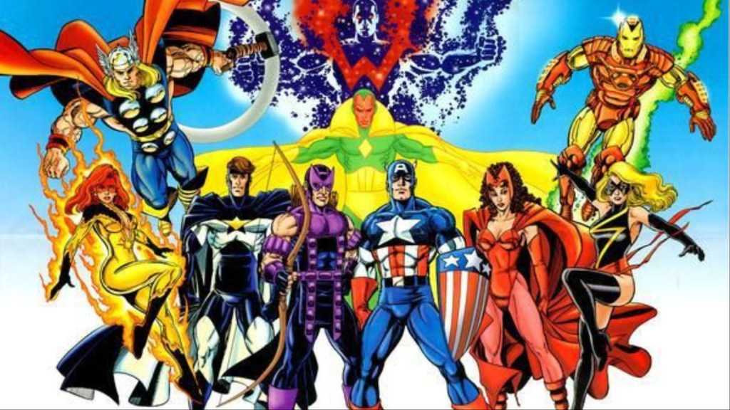 Thor, Firestar, Justice, Hawkeye, Captain America, Scarlet Witch, Warbird, Iron Man, Vision, and Wonder Man posing together from a Wizard: The Guide to Comics