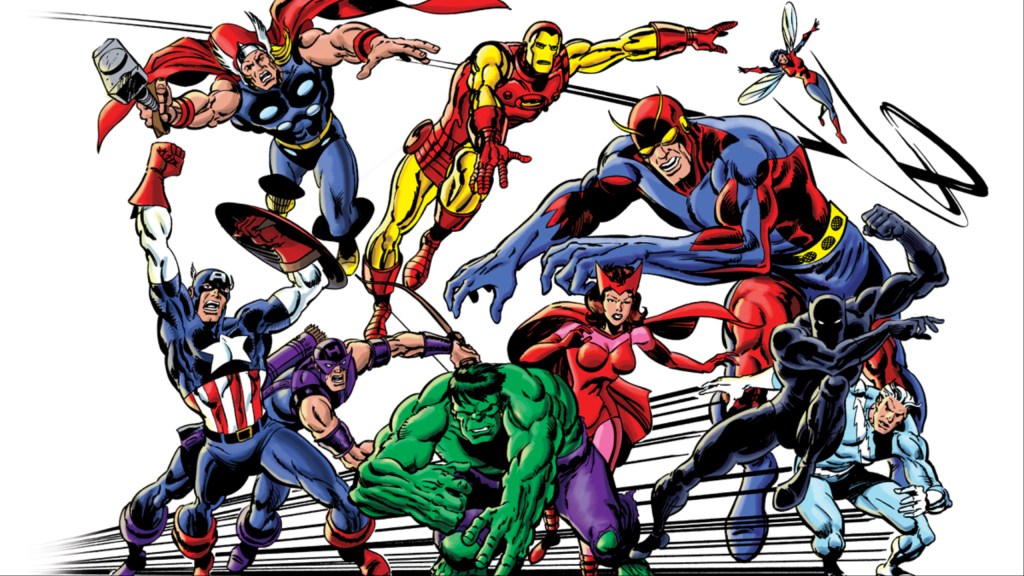 Captain America, Thor, Hawkeye, Iron Man, Hulk, Scarlet Witch, Giant-Man, the Wasp, Black Panther, and Quicksilver posing together
