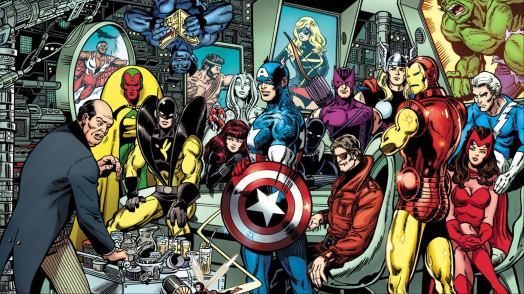 Jarvis the Butler Vision, Yellowjacket, Black Widow, Wasp, Falcon, Beast, Ant-Man II, Captain America, Black Panther, Jocasta, Ms. Marvel, Hawkeye, Wonder Man, Scarlet Witch, Quicksilver, Iron Man, and Hulk in the Avengers control room