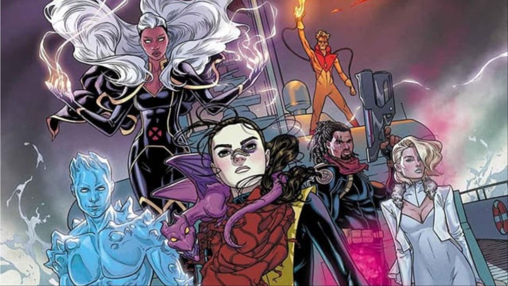 Iceman, Storm, Kate Pryde, Bishop, Pyro, and Emma Frost on the deck of the Marauder