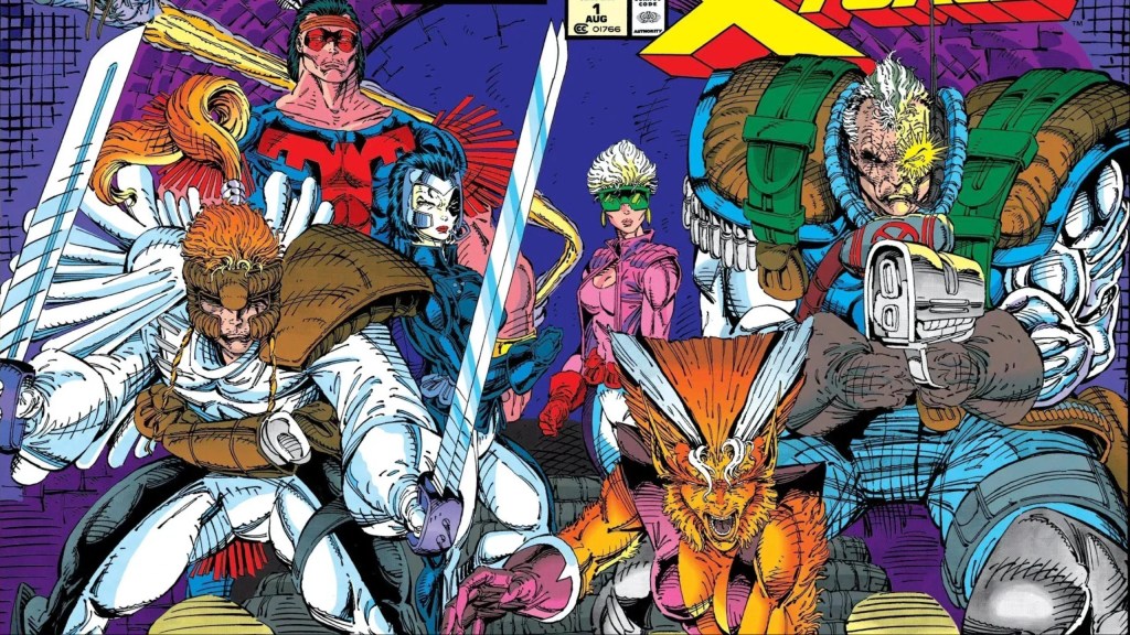 Shatterstar, Warpath, Domino, Boom Boom, Feral, and Cable standing together ready for action