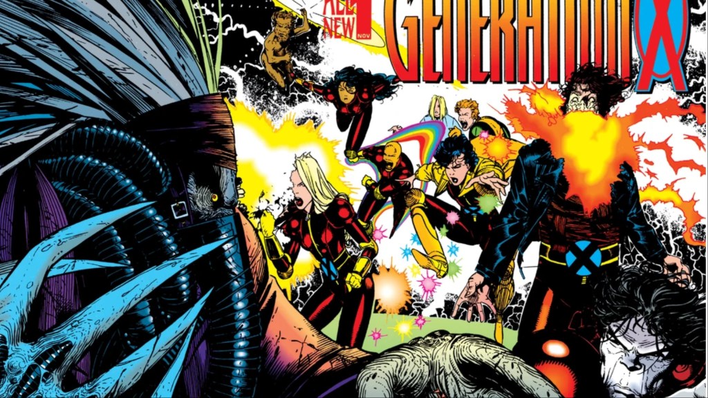 Chamber, Skin, Husk, Jubilee, Monet, Banshee, Emma Frost, and Gateway standing off with Emplate