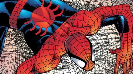 Spider-Man crawling across webs