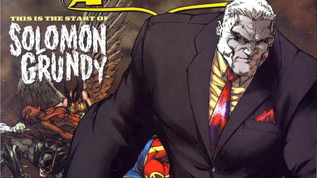 Solomon Brundy walking away from the vanquished Hawgirl, Batman, Vixen, and Red Tornado