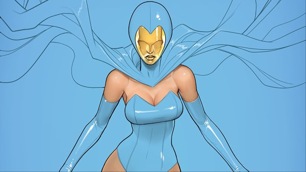 Destiny with his fluttering cape on a blue background