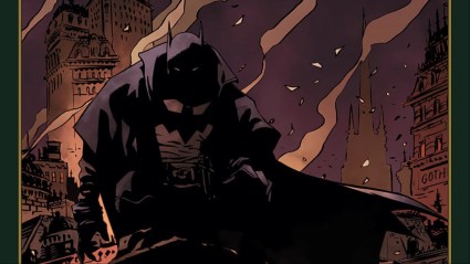 The Batman of Gotham by Gaslight sitting on a building, with chimney smoke billowing into the Victorian English skies from Gotham by Gaslight