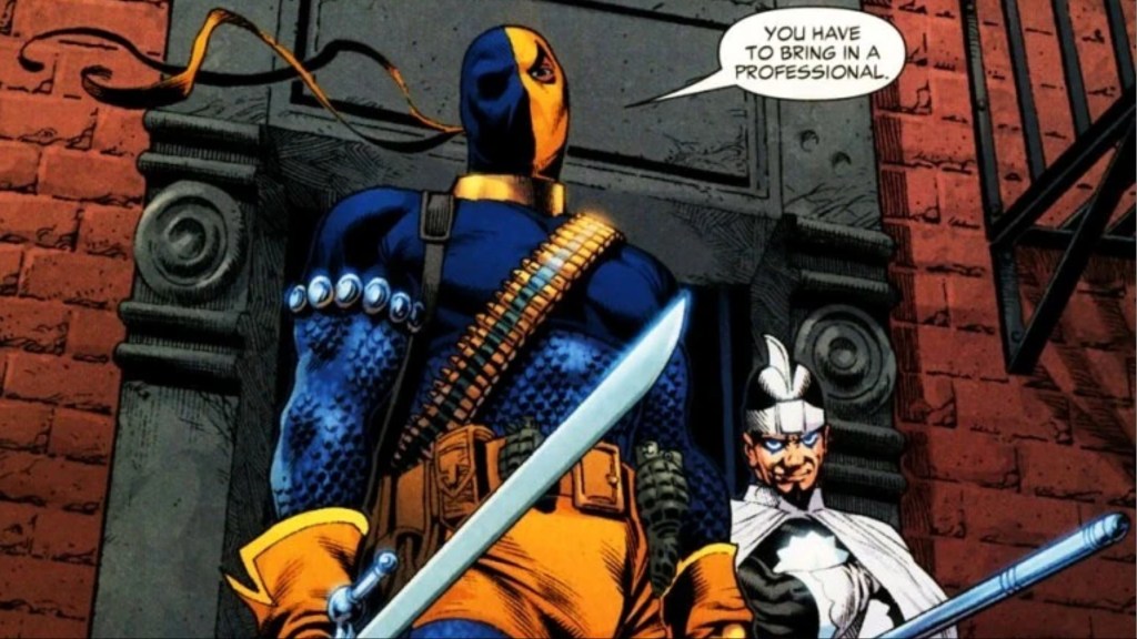 Deathstroke holding his sword and staff, standing in front of Doctor Light