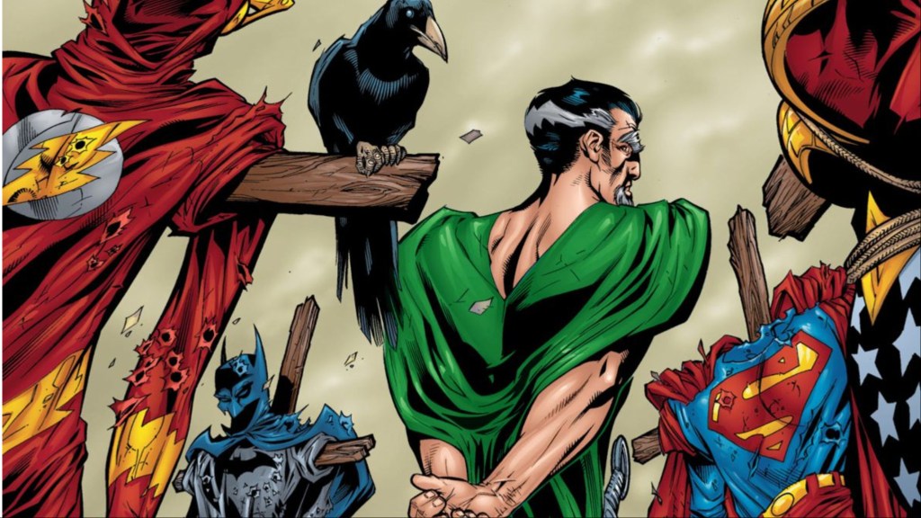 Ra's al Ghul walking the among bullet-ridden costumes of the Justice League