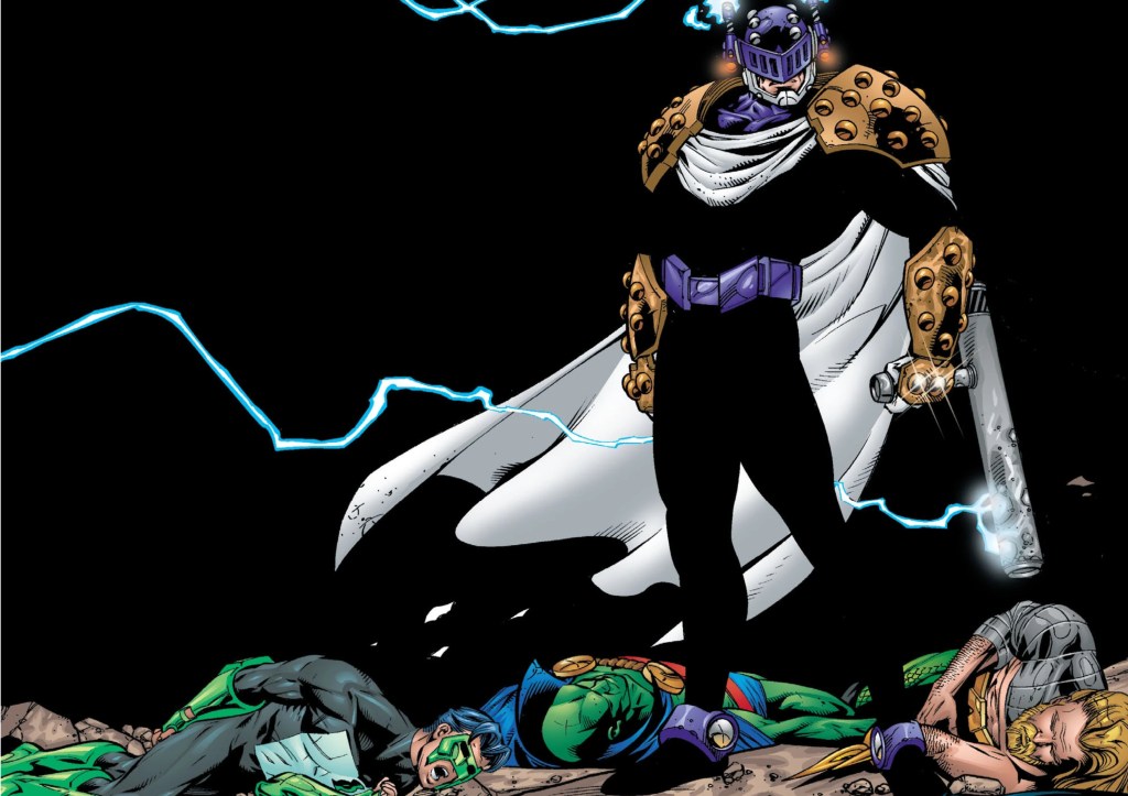 Prometheus, lightning sparking off his helmet and night stick, standing over the fallen Green Lantern, Martian Manhunter, and Aquaman