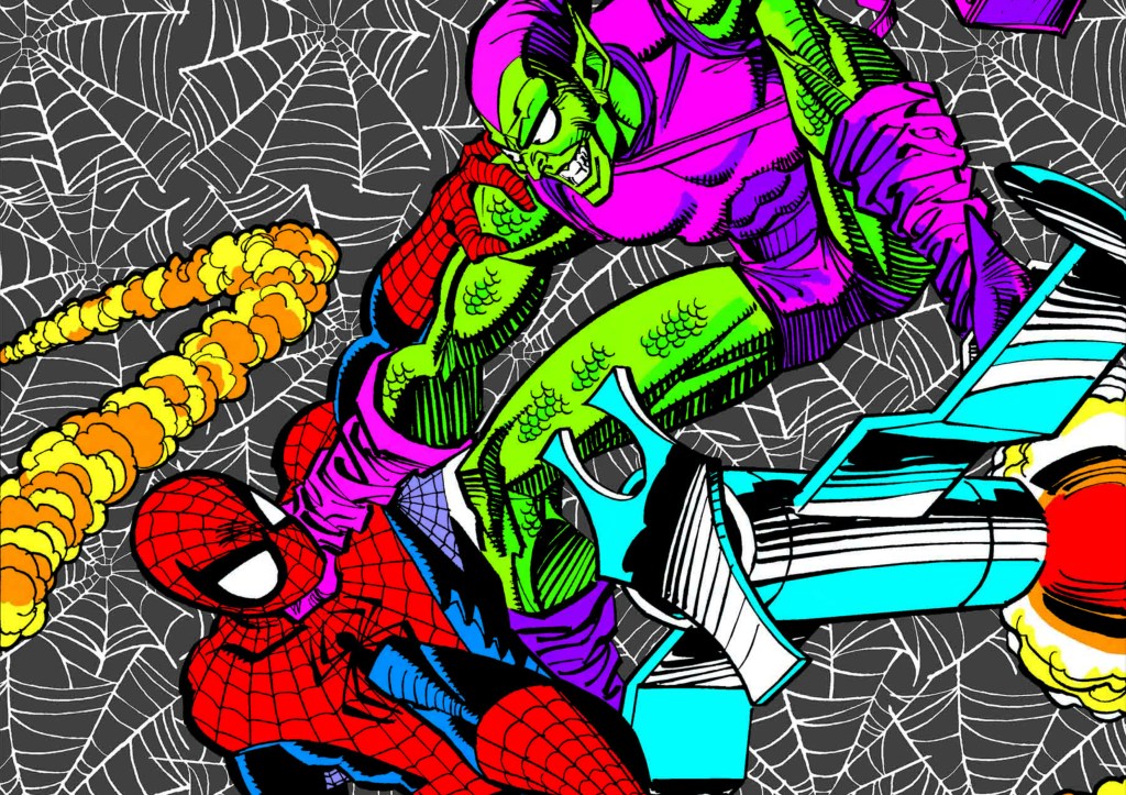 Spider-Man and Green Goblin battling it out over a sky over webs