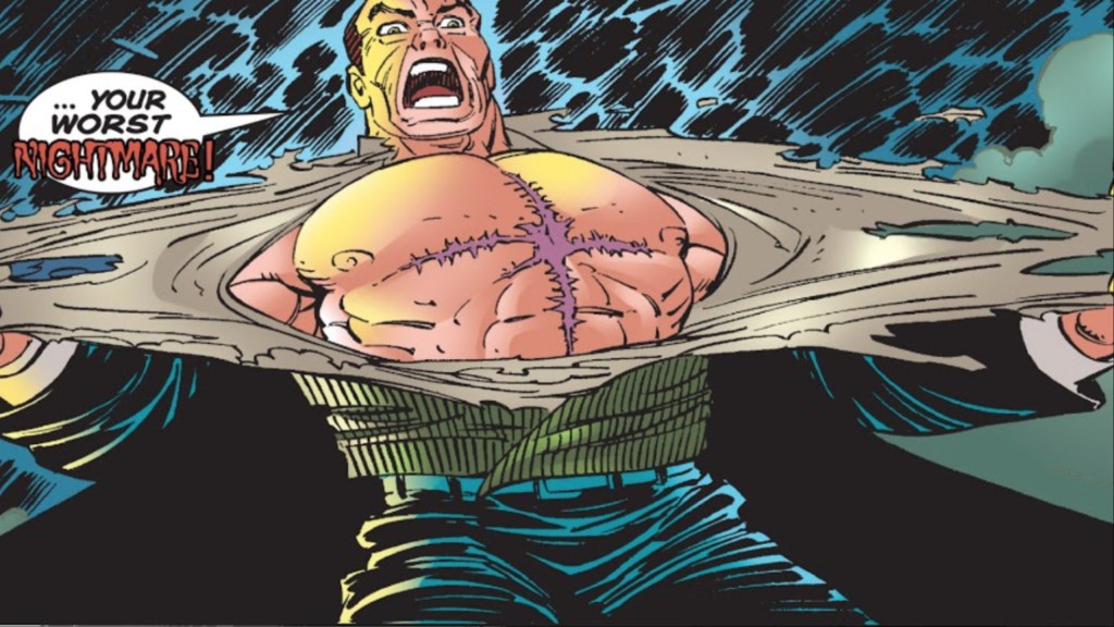 Norman Osborn tearing open his shirt to show the scar from Goblin Glider
