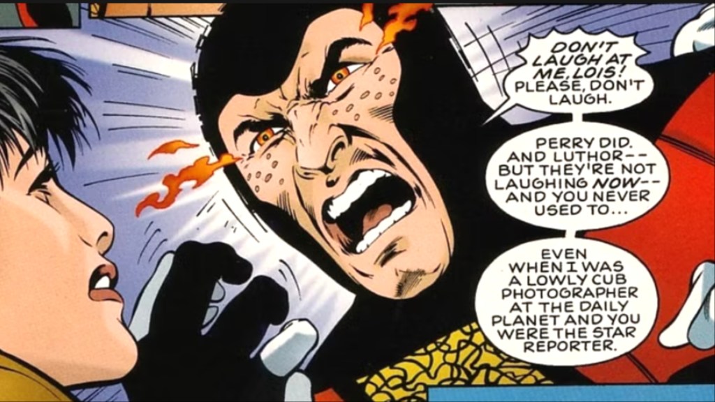 Jimmy Olsen in Kryptonian garb menacing Lois Lane, red energy leaking from his eyes