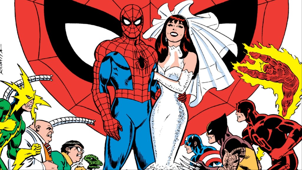 Spider-Man and Mary Jane on their wedding day, with Marvel heroes and villains behind them