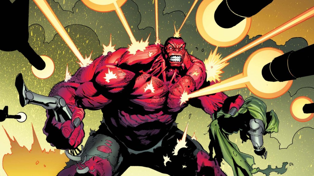 Red Hulk holding the remains of a Doombot being shot by multiple gunmen