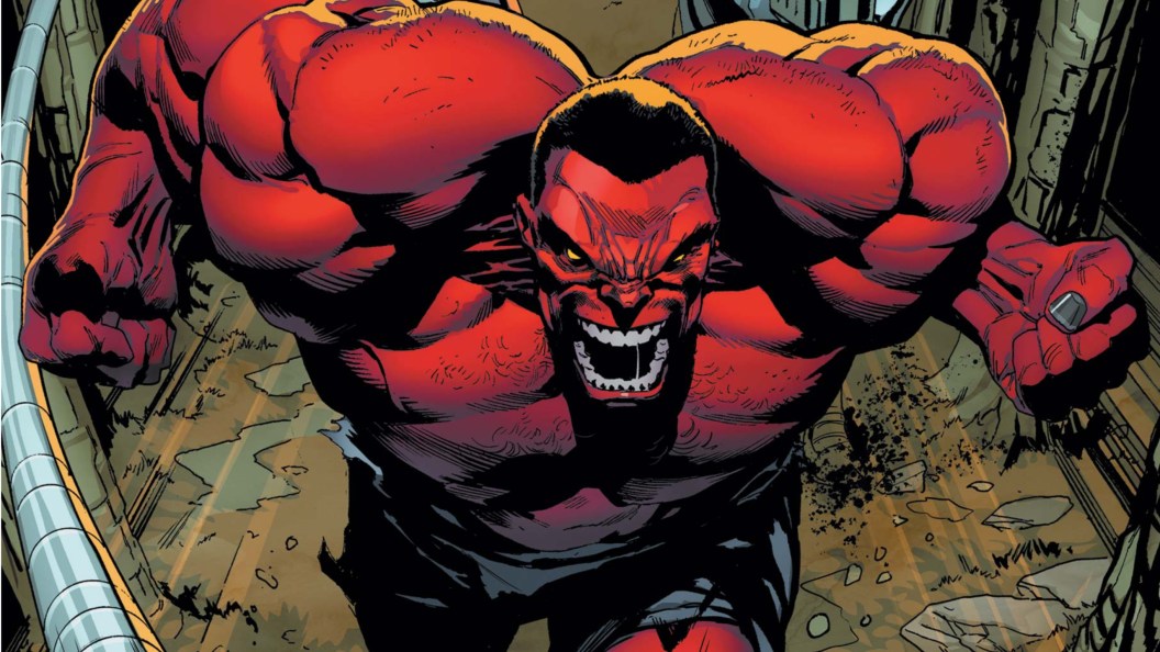 The Red Hulk roaring as he runs forward