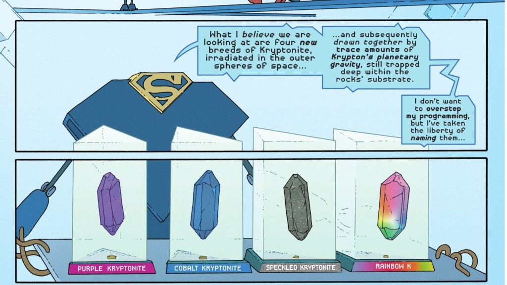 A Superman robot presents the four new types of Kryptonite: Purple, Cobalt, Speckled, and Rainbow