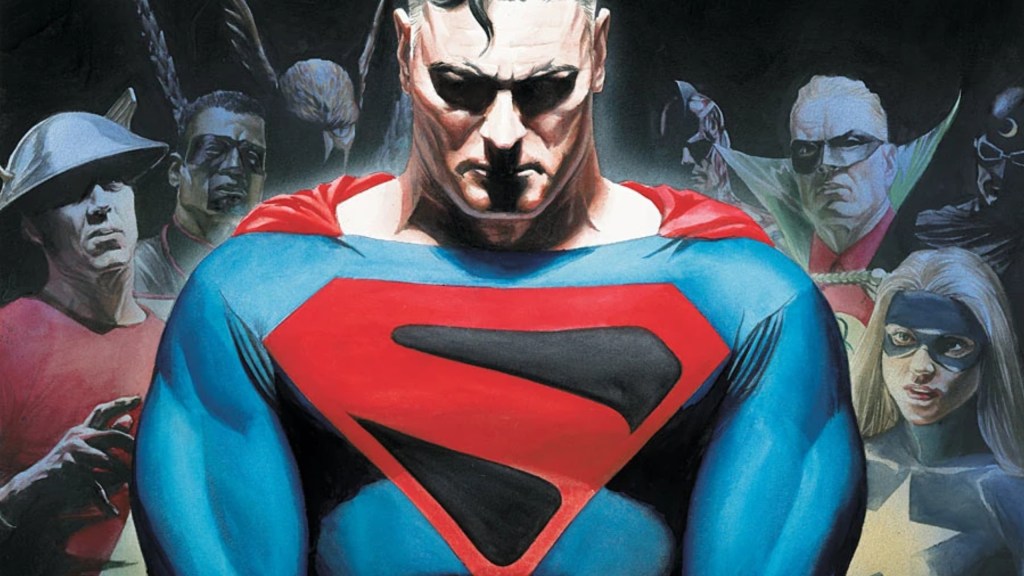 Kingdom Come Superman standing in front of the Justice Society of America