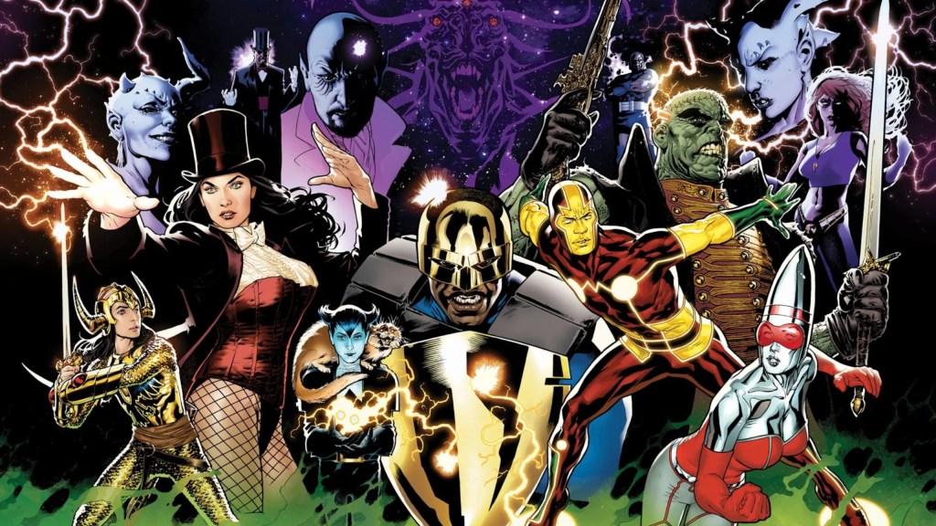 Shining Knight, Zatanna, Klarion the Witch-Boy, the Manhattan Guardian, Mister Miracle II, Frankenstein, and Bulleteer in front of the Sheeda