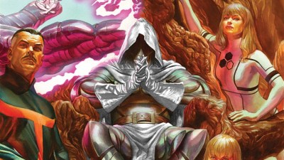 Doctor Doom sitting his throne, his fingers steepled in front of him, with Doctor Strange on one side and Invisible Woman on the other