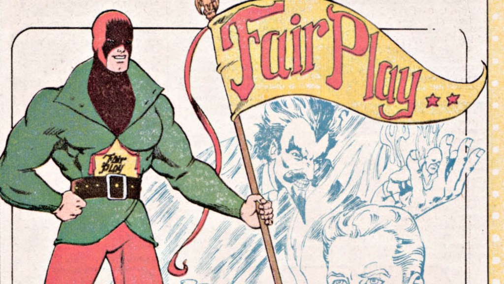 The Golden Age Mister Terrific, holding a flag that says "Fair Play"