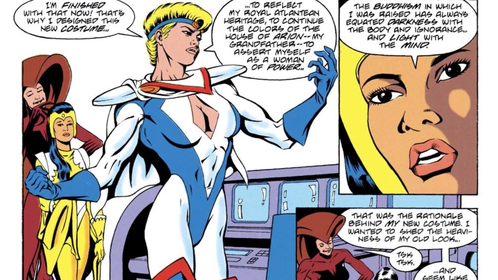Power Girl flexing in her new costume, with Dr. Light II and Crimson Fox behind her