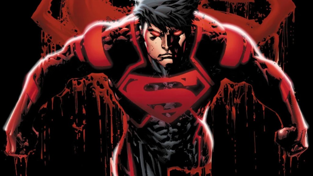 The New 52 Superboy hunched over and looking grim, with a bleeding Superman S-shield behind him